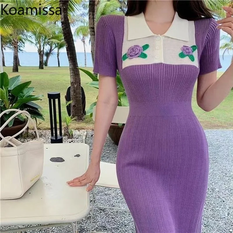 

Koamissa Retro Women Knitted Long Dress Short Sleeve Female Summer Long Dresses Slim A Line Vestidos New Elegant Lady Outer Robe