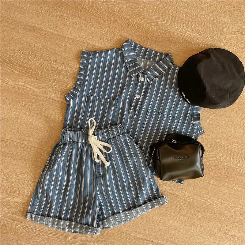 2022 Summer New Children's Striped Suit Thin Boys and Girls Baby Children's Versatile Korean Short Sleeve Suit