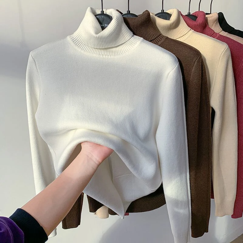 

Корейский облегающий плотный бархатный свитер с высоким воротником, женские зимние вязаные пуловеры 2023, Повседневная теплая трикотажная одежда с флисовой подкладкой, топы