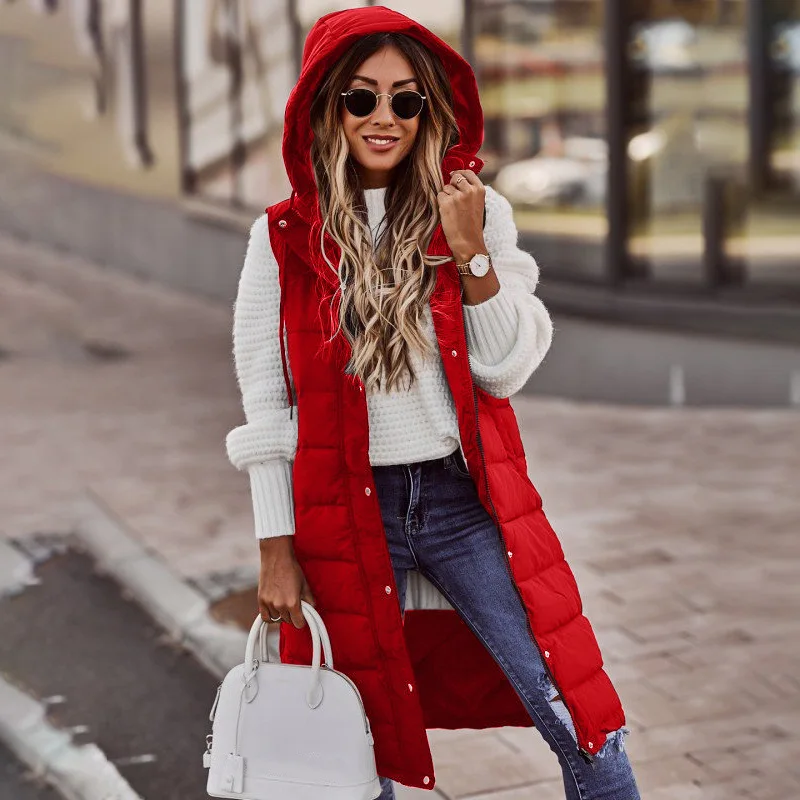 Autumn Winter Fashion Casual Solid Vest Cotton Coats Hooded Slim Sleeveless Medium Long Jacket Padded Female Clothing Streetwear