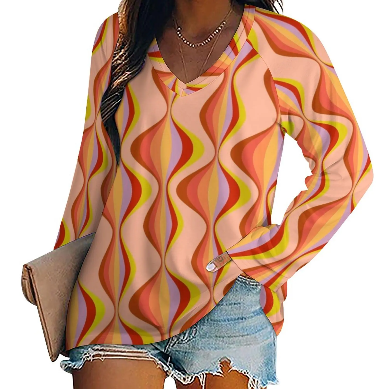 

Футболка женская оверсайз с длинным рукавом и V-образным вырезом, в стиле ретро