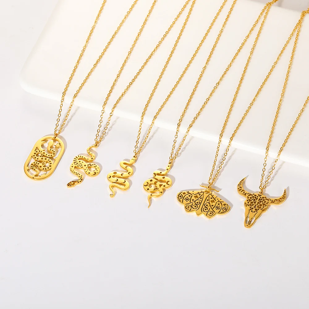 

Stainless Steel Snake Necklace Hollowed Out Pendant Star Moon Amulet Fashion Animal Jewelry For Women Men Gift