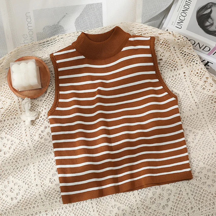

Женская Трикотажная майка в полоску, с высоким воротником, весна-лето