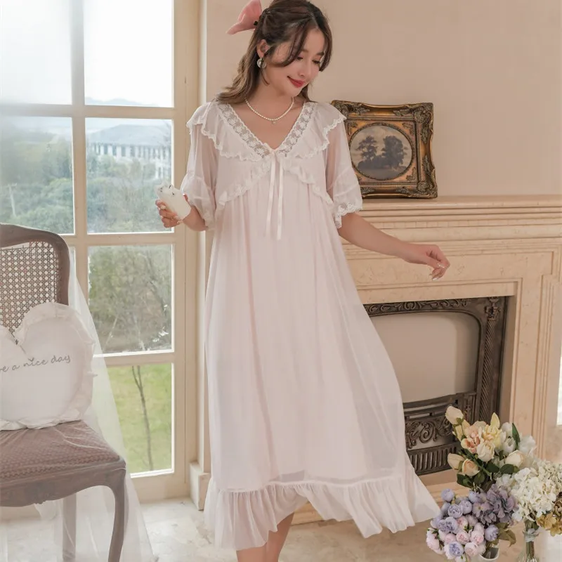 

Sweet White Lace Long Nightgowns For Lady Summer Short Sleeve Modal Nightshirts Vintage Princess Girls Loose Long Dress