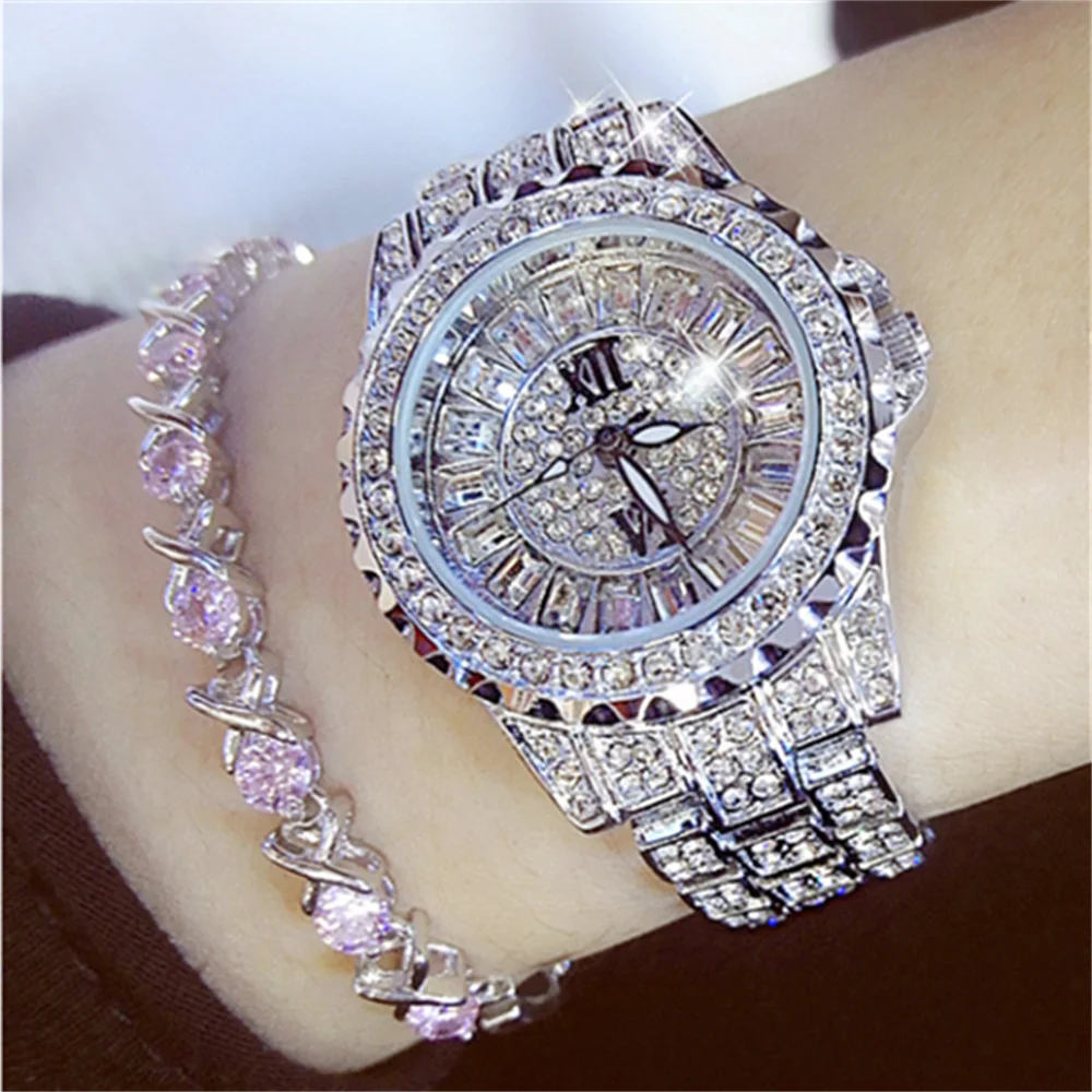 Enlarge New Full Diamond Gold Watch For Women Luxury Elegant Ladies Watch Fashion Silver Crystal Bracelet Watches
