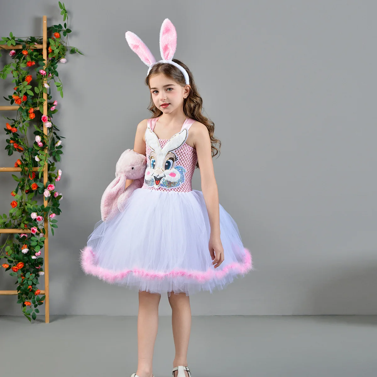Kids Costume Easter Bunny Rabbit Dress Up Animal Ears Headband Tail Pink Princess Tulle Set for Birthday Party