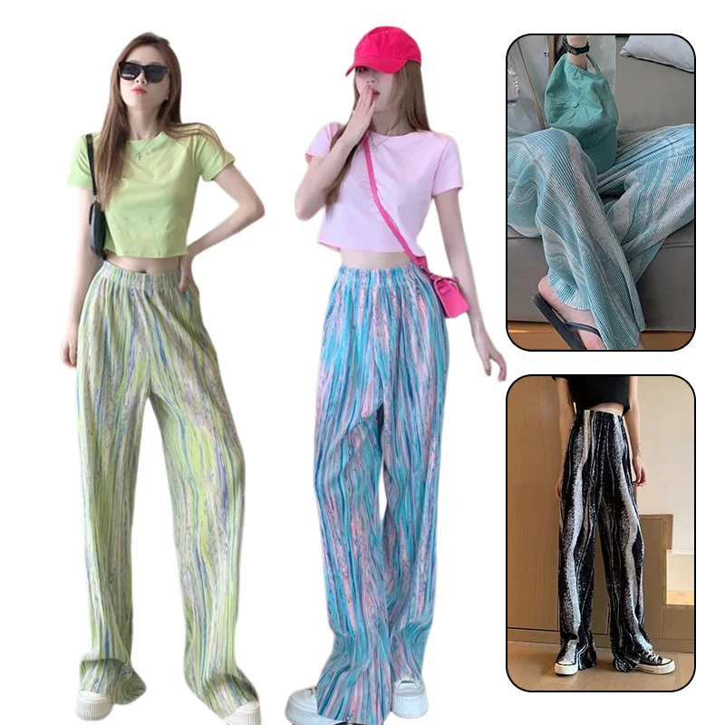 Spring Summer Pants Women Thin Wide Leg Pants Korean Fashion Tie Dye Casual Elastic Waist Straight Leg Pants  Baggy Streetwear