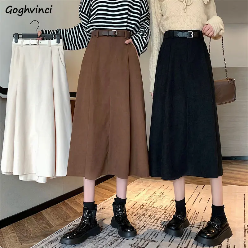 

High Waist Midi Skirts with Belt Women Solid Vintage A-line New Autumn Simple Office Ladies All-match Elegant Gentle Chic Faldas