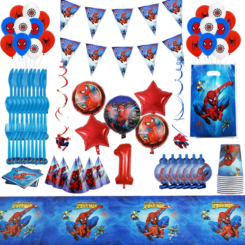 

Marvel Spiderman Birthday Decorations Party Supplies Pennant Banner Blowout Happy Birthday Balloons Tableware Toy For Kids