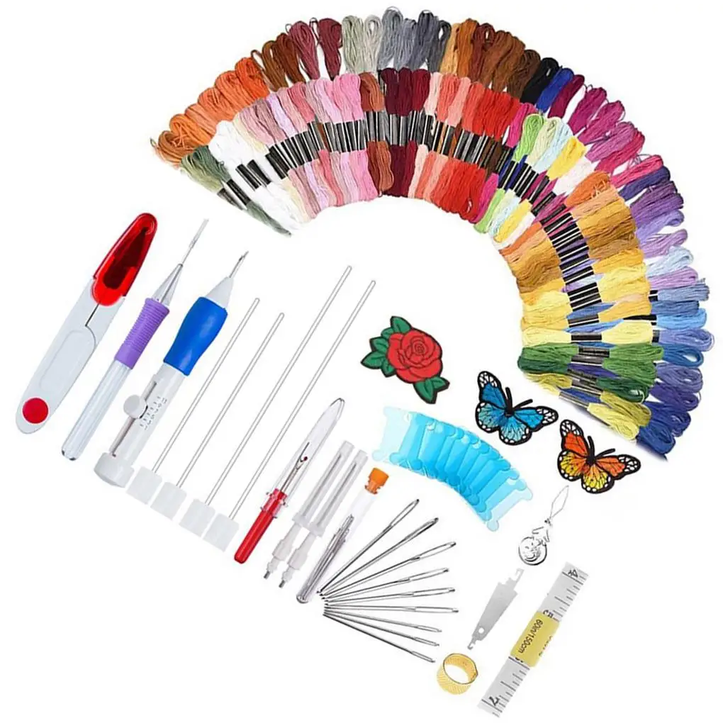 

Color Random 136 Pcs/set Embroidery DIY Kit Embroidery Sticker Cotton Thread Thread Remover Needles Scissors Set