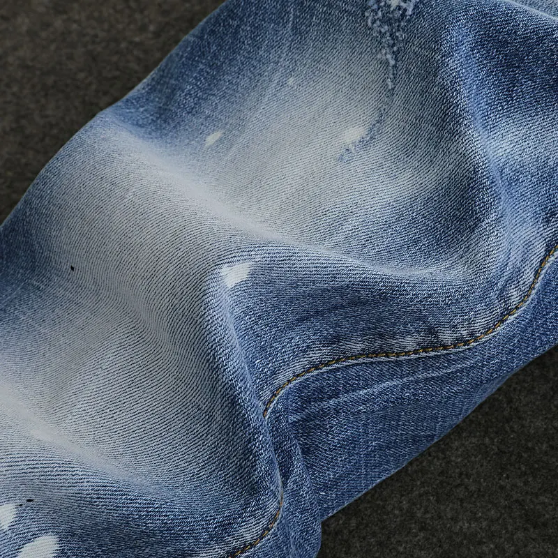 Уличная мода Мужские джинсы Ретро Светло-голубые эластичные облегающие рваные