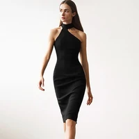 sleeveless halterneck sexy midi skirt sexy solid color off the shoulder light familiar hepburn knitted dresses for women