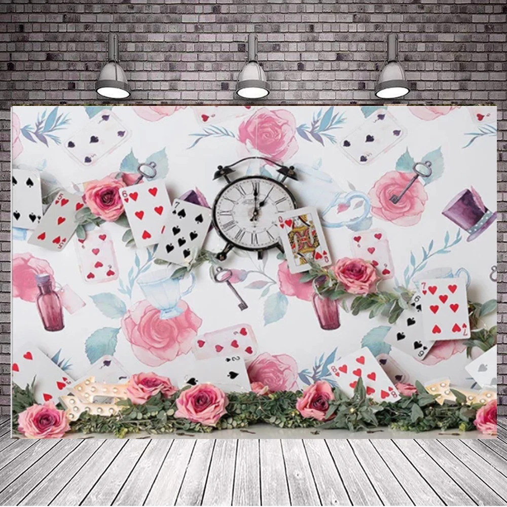 

Photography Backdrop Wonderland Girl Birthday Party Playing Card Clock Pink Flowers Newborn Baby Background For Photo Studio
