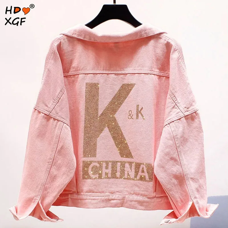 

Женская джинсовая куртка с алмазной вставкой, розовая винтажная однобортная джинсовая куртка с отворотом в Корейском стиле, женская уличная одежда