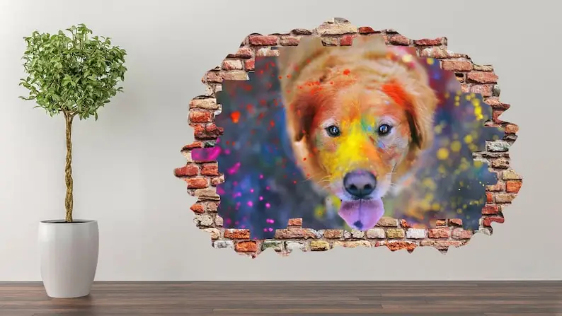 

Multicolor Dog Wall Decal Art Decor 3D Smashed Sticker Poster Room Mural A-295