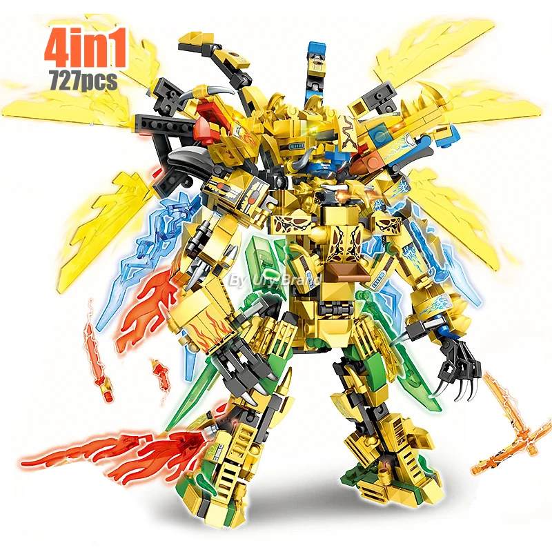 

4in1 Flying Ninja Dragons Set Golden Warrior Robot Mech 2 Heads Figures DIY Building Blocks Toys For Children Boys Xmas Gift