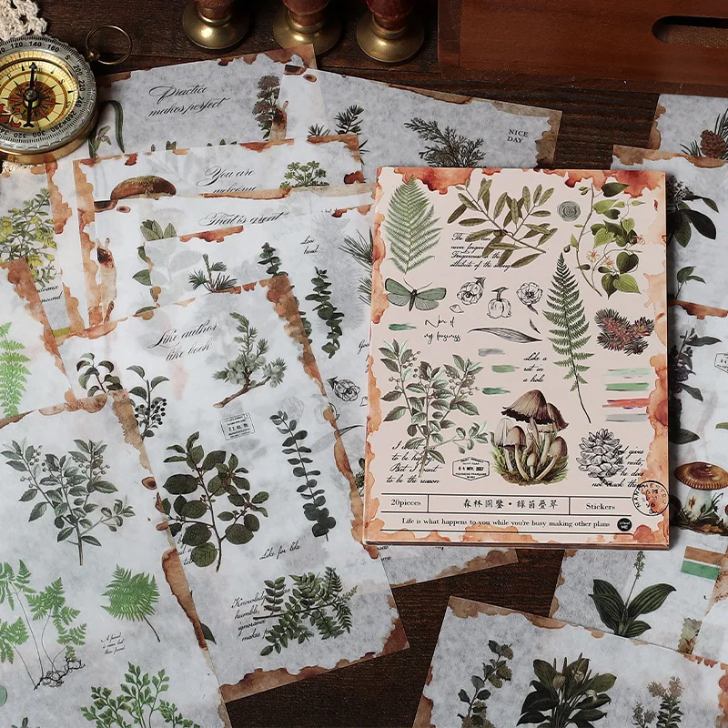 

20pcs Forest Illustrated Series Decorative Stickers Vintage Plant Decoration for Scrapbooking Art Crafts DIY Journal Planner