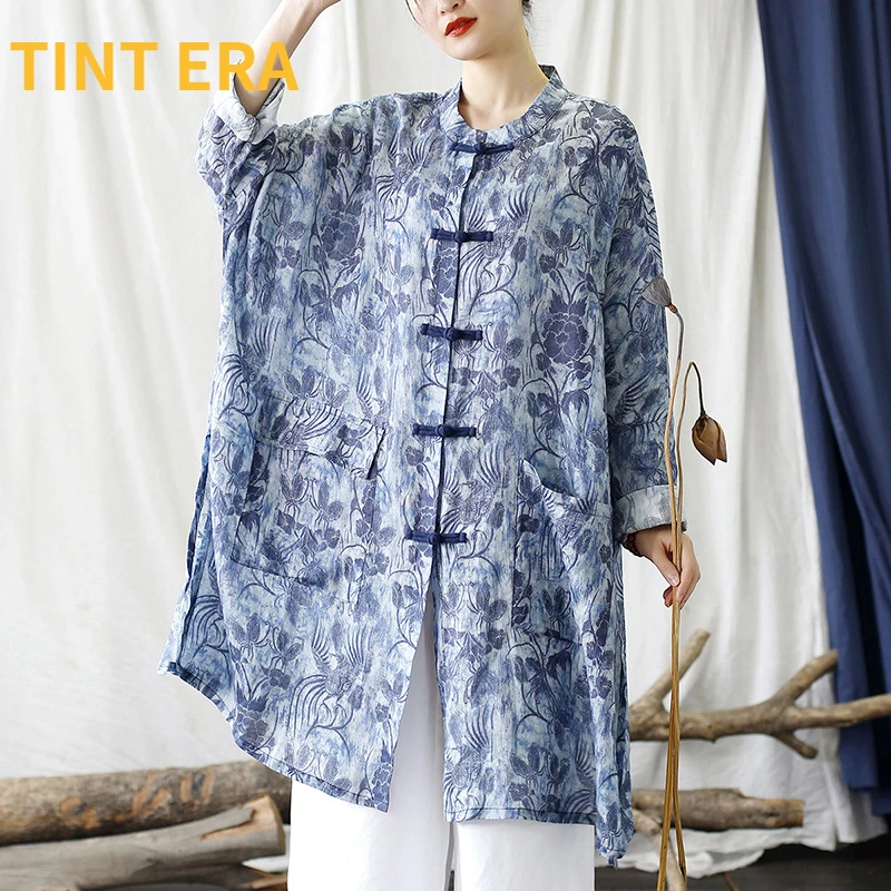 

TINT ERA Chinese Style Spring New Ramie Print Stand Collar Middle Long Sleeve Shirt Women Literary Vintage Loose Top Femme