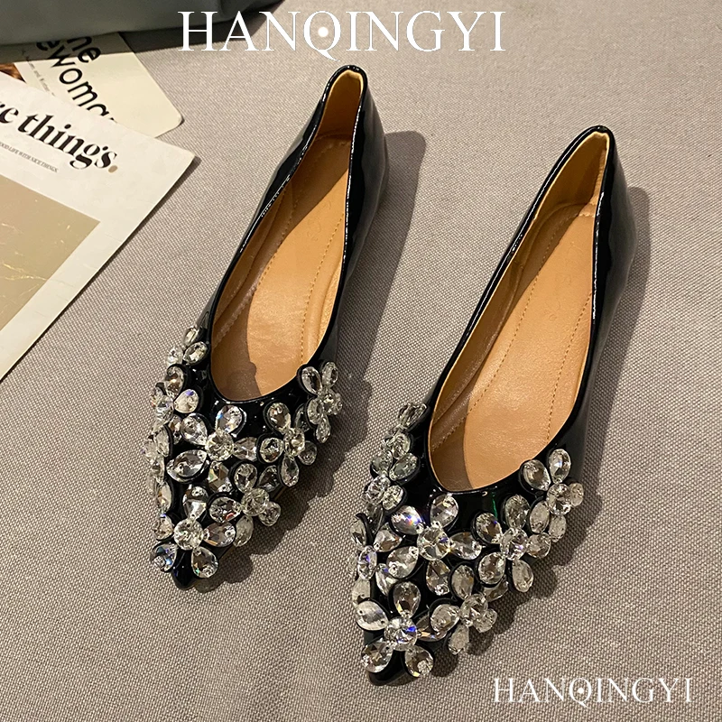 

Ladies Flats Shoes Mary Jane Shoes Pointed Toe Rhinestones 2023 Black Footwear Silk Ballet Flats Spring Elegant Casual Shoes
