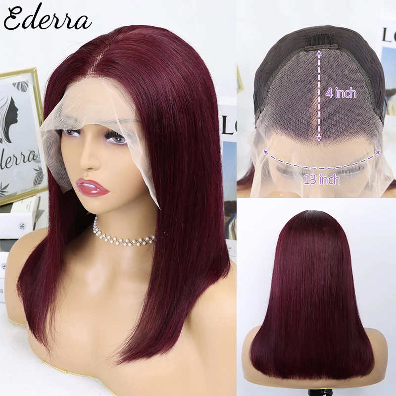 

Short Bob Wig Straight 13x4 Human Hair Wigs for Black Women Pre Plucked Transparent Frontal Wig Brazilian Lace Wigs 99J Burgundy