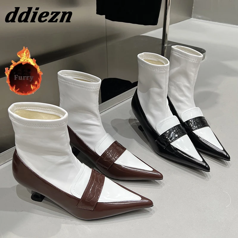 

Autumn Winter New 2023 Stretch Fur Boots For Women Fashion Mixed Colors Heel Ladies Ankle Boots Shoes Female Booties Pumps