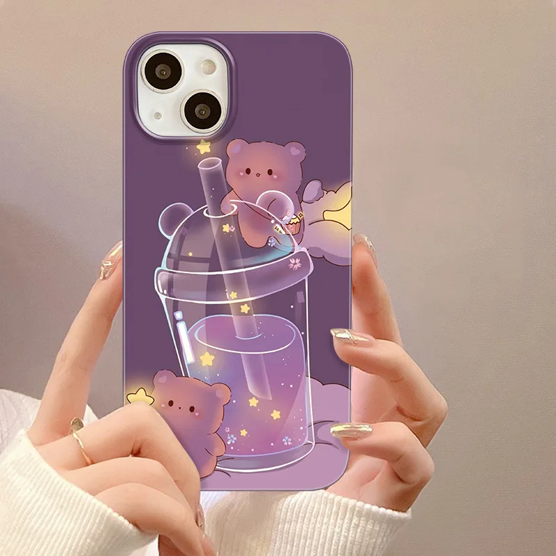 

Cartoon Cute Dream Bear Drink Film Shell Hard Back Cover For iPhone 14 Plus 11 12 13 Pro Max Phone Cases Fundas Coque Capa