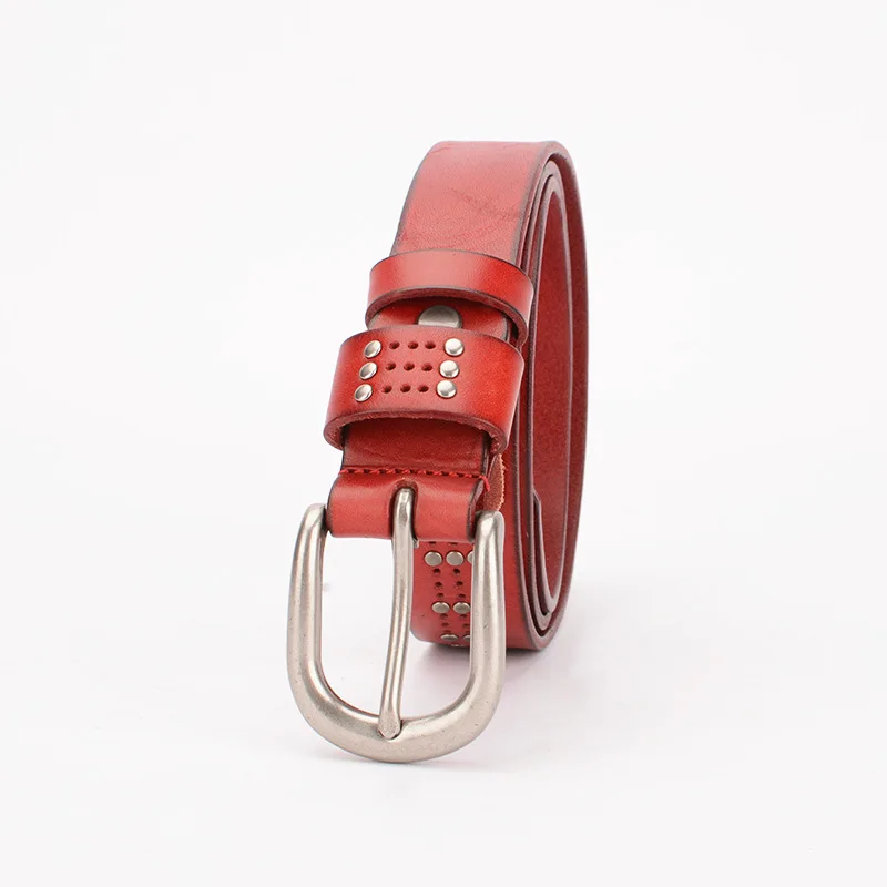 

New Belt Women's Belt Pants Belt Rivet Head Layer Cowhide Alloy Pin Buckle Hole Free Decoration Hollowed Out Retro