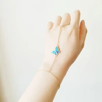 fairy 18k gold stainless steel ring chain bracelet gold blue butterfly finger ring bracelet hand chain for women