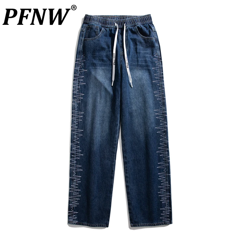 

PFNW Spring Summer Men's Tide Embroidered Jeans Darkwear Drawstring Elastic Waist High Street Wearproof Cool Denim Pants 12A9508