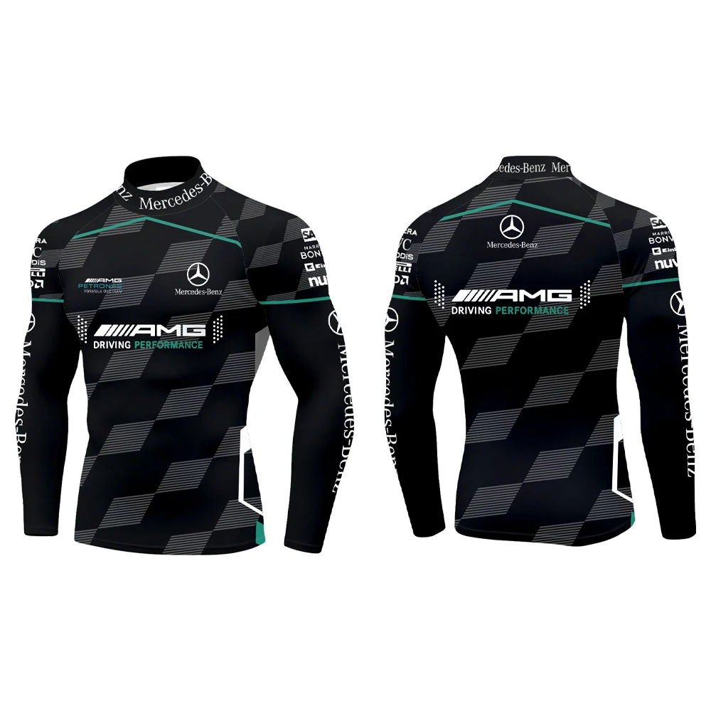 Новинка 2025 года, футболка Mercedes AMG F1 Team с полувысоким воротником и длинными рукавами, дышащая спортивная тренировочная футболка черного, серого цвета с ромбовидным сетчатым узором