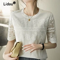 fashion lace cutout white cotton t shirt round neck short sleeve tops 2022 spring summer korean style casual clothing for female