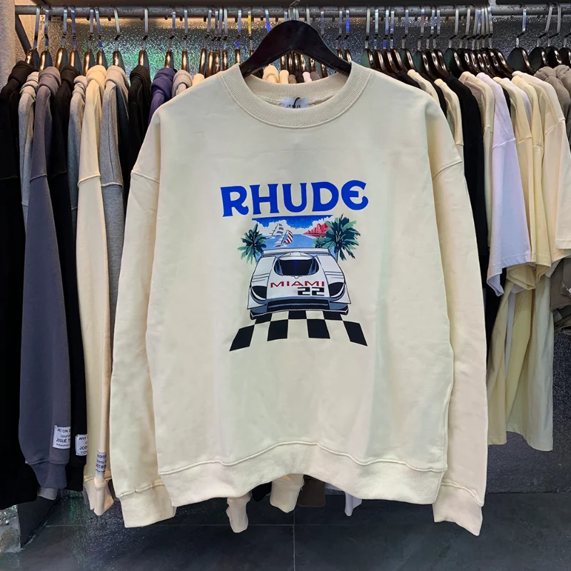 

American fashion brand RHUDE station limited printing high gram weight cotton terry round neck sweater for men and women