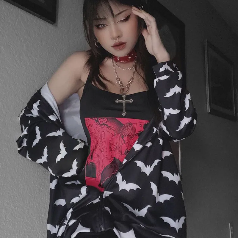 

Gothic Punk Black Long Women Hoodies Sweatshirts 2022 Autumn Bat Print Long Sleeve Hoodie Women Loose Coat Hooded Sweatshirt