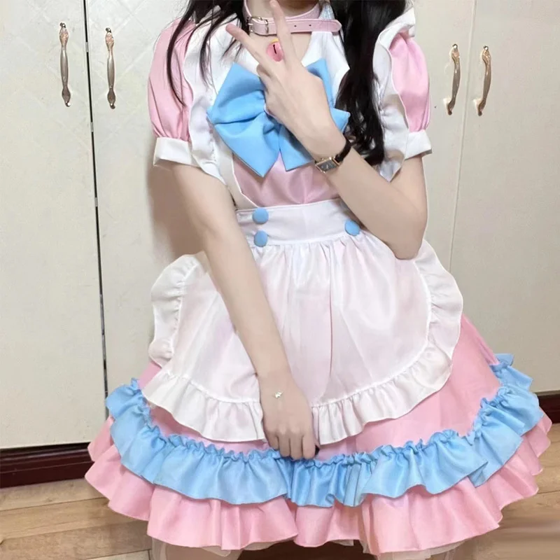 Kawaii Lolita Anime Maid Outfit Blue + Pink Cosplay Maid Outfit Lolita Skirt Costume Japanese Cute Cosplay Costume Anime Outfit