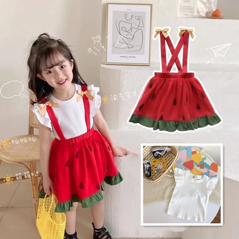 

Комплект одежды для маленьких девочек, платье на бретелях и белая футболка с рисунком арбуза, комплект из 2 предметов