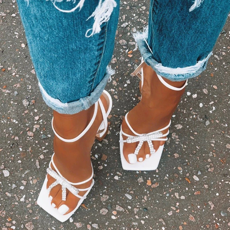 

New Summer Women Sandals Black White Rhinestone Bowtie Ladies Shoes Square Toe Ankle Strap High Heels Shoes Woman Size 41