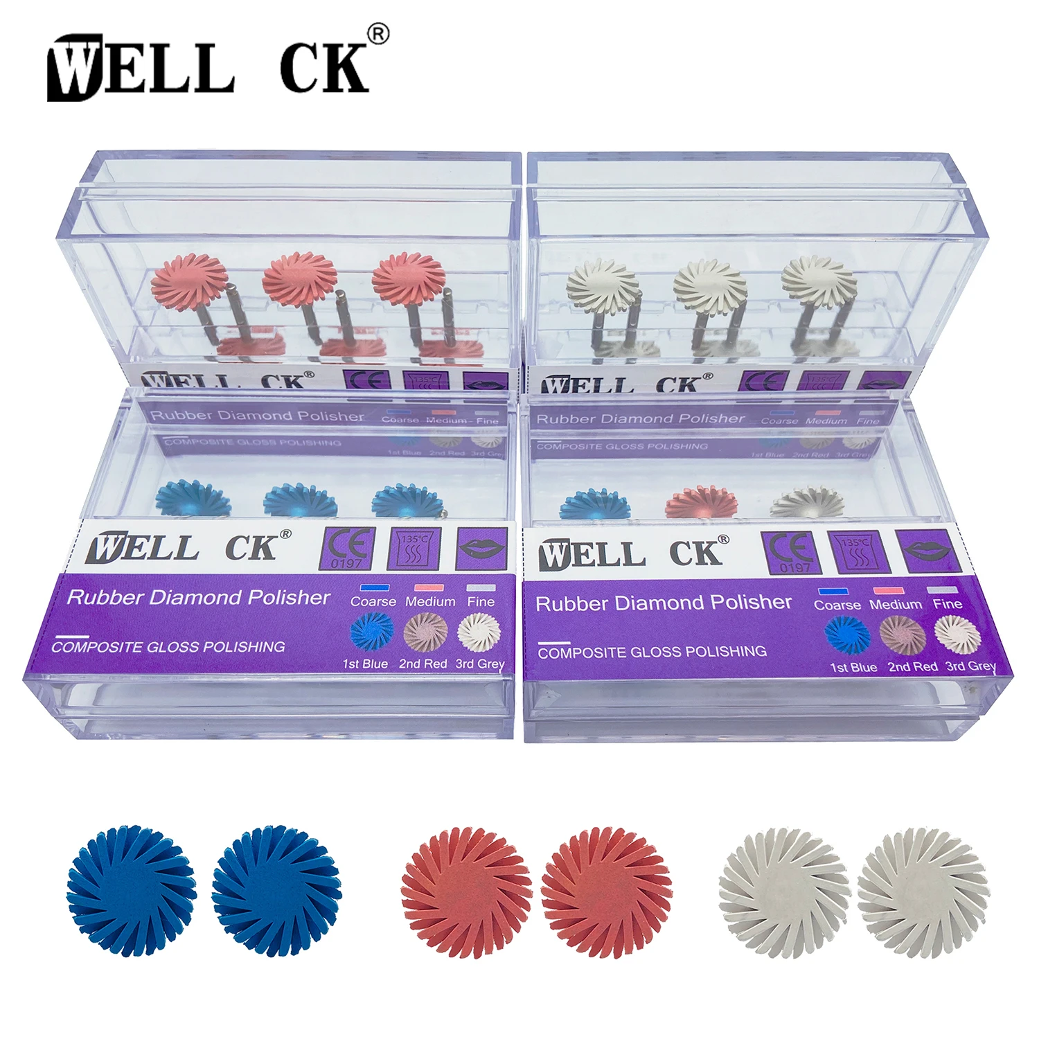 WellCK 6pcs/Set Dental Rubber Polisher Composite Resin Polishing Diamond System RA Disc Kit 14mm Wheel Spiral Flex Brush Burs