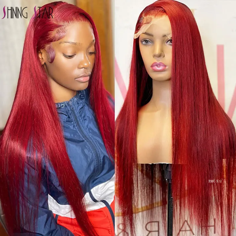 Red 99J Straight Lace Front Wig 13X4 Hd Transparent Lace Front Human Hair Wigs Pre Plucked For Women Lace Frontal Wigs Colored