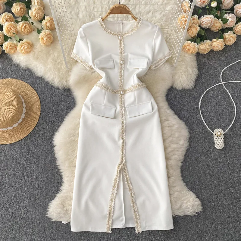 

Женская однобортная облегающая бедра, модная офисная одежда с круглым вырезом и коротким рукавом, на пуговицах