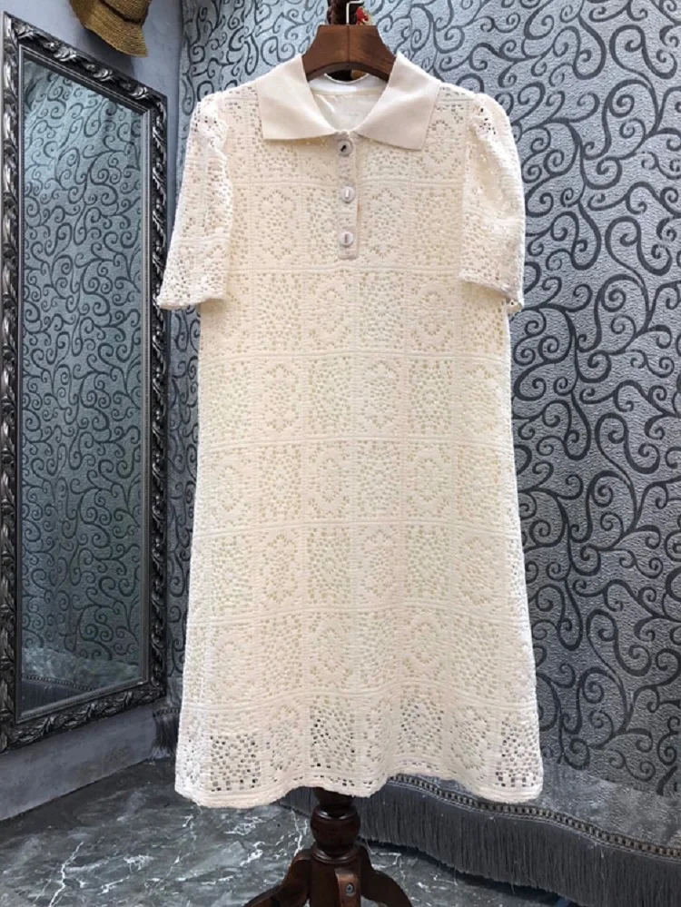 

High Quality Brand New Summer Dress 2022 Women Turn-down Collar Allover Crochet Lace Embroidery Button Deco Short Sleeve Dress