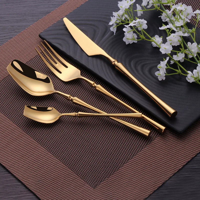 Tableware Mirror Gold Cutlery Set Travel Forks Spoons Knives Set Western Flatware Kitchen Utensils Dinnerware Set Dropshopping