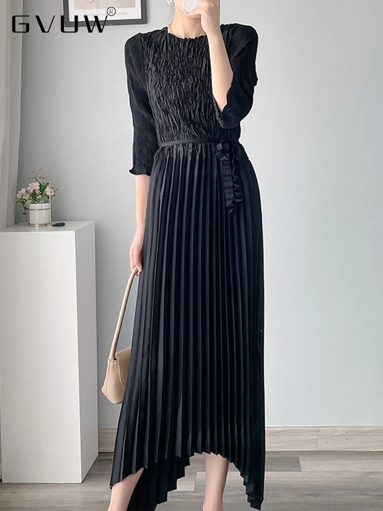 

GVUW Irregular Midi Pleated Dresses Women Wedding Party Solid Color O-neck Three Quarter Sleeve Summer Lady Trench Dress 17D2346