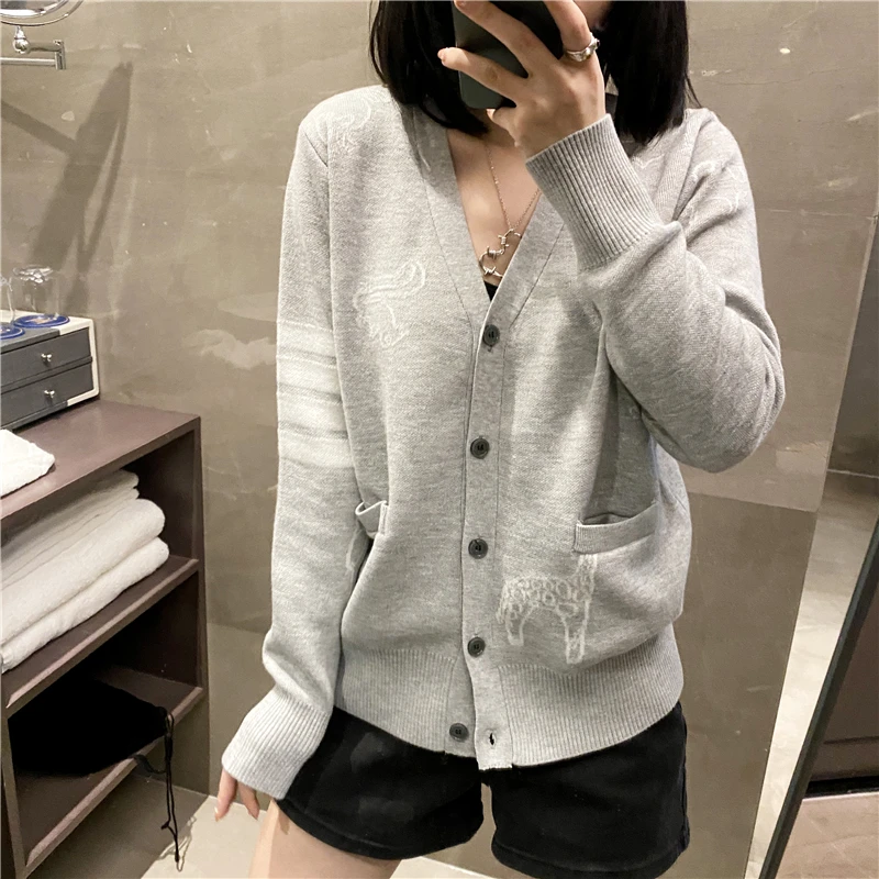 TB Korean Fashion Woolen Cardigan Women's Cute Funny Age Reducing Animal Knitted Open V-Neck Casual Coat