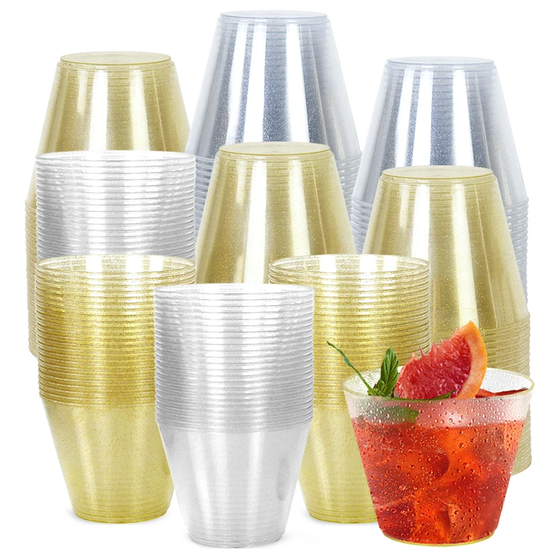

5pcs Gold Silver Disposable Plastic Cup Transparent Party Drinking Wine Cup Ice Cream Cake Cups Wedding Xmas Festival Supplies