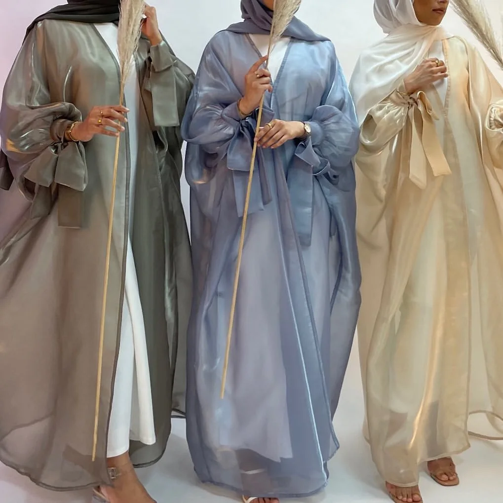Summer Eid Open Abaya Kimono Abayas for Women Dubai Turkey Organza Puff Sleeve Shiny Muslim Hijab Dress Islam Kaftan Djellaba