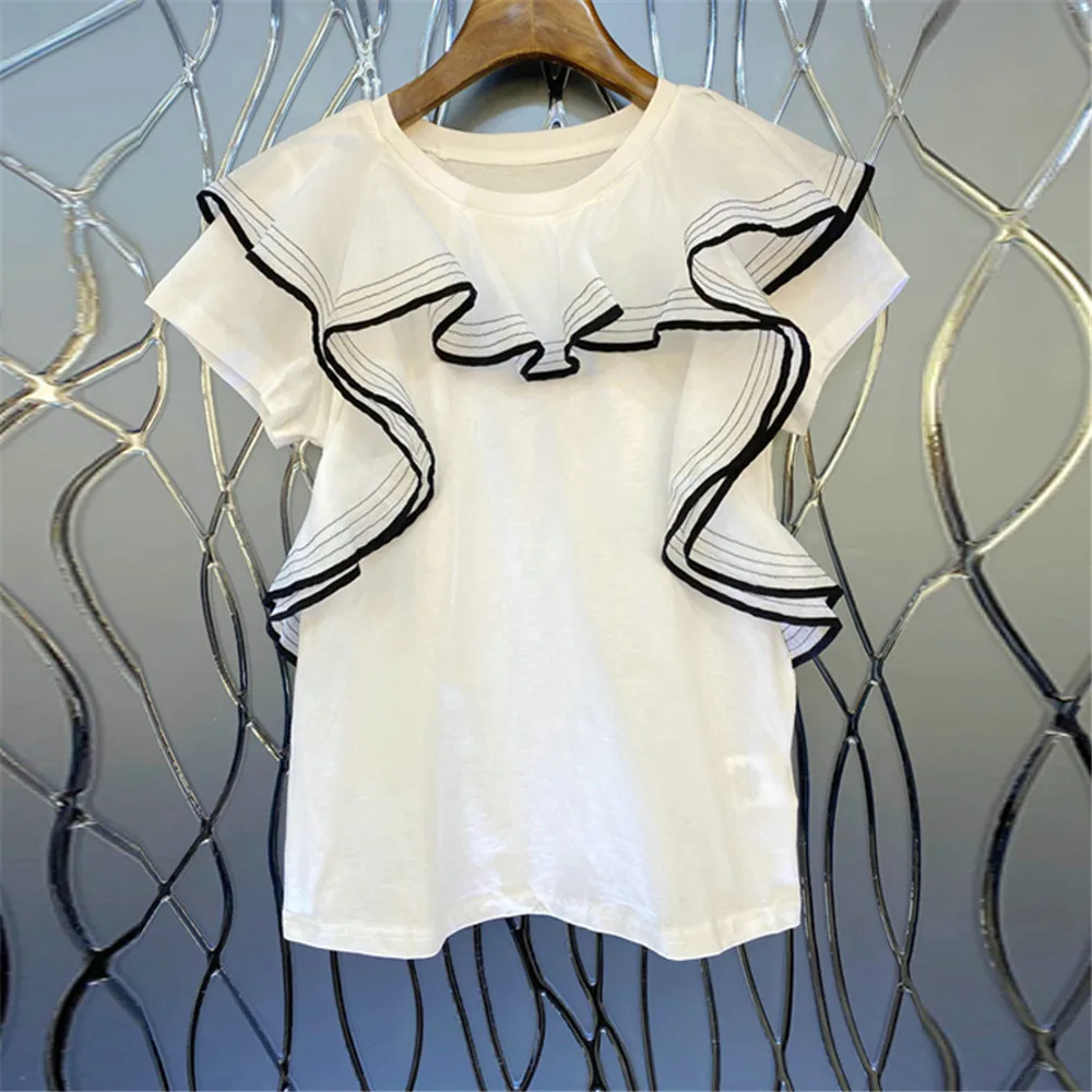 

Fashion Casual Women T-Shirt Short Sleeve Ruffles Strip Patchwork Round Neck Pullover Loose Fresh Elegant Ladies Summer T-shirts