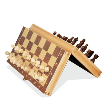 Wooden Chess Set Folding Magnetic Large Board With 34 Chess Pieces Interior For Storage Portable Travel Board Game Set For Kid 4