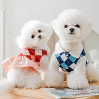 spring and summer thin pet clothes dog dress college style couple dog clothes puppy cat clothes plaid bow outfit puppy girl