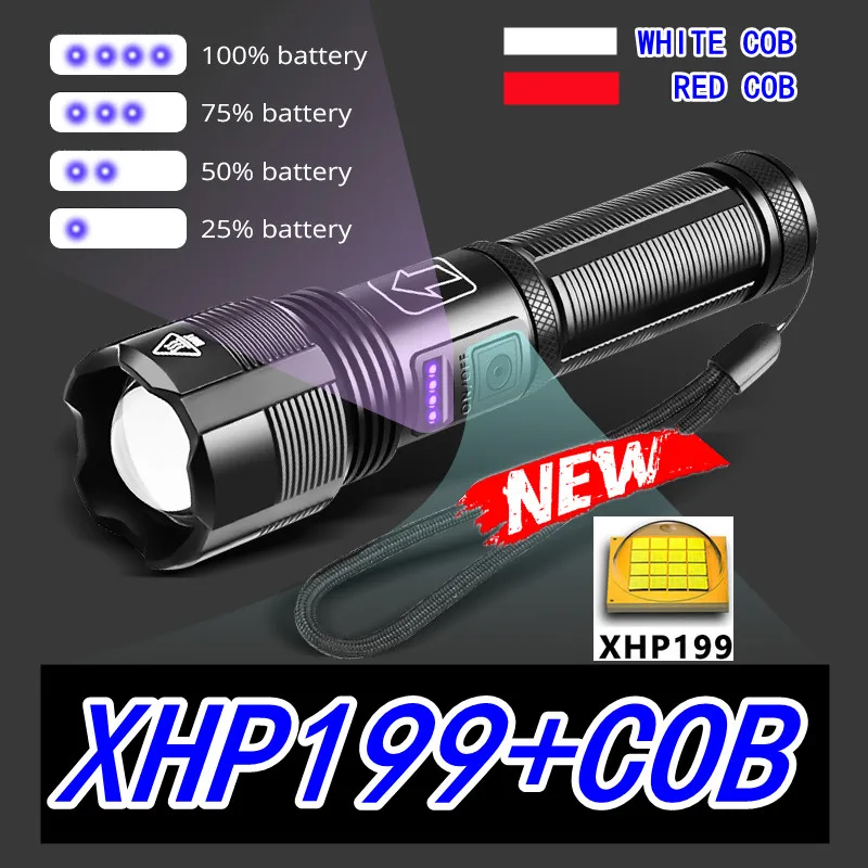 

New Drop shipping XHP199 and COB Powerful Flashlight 5Modes USB Rechargeable Waterproof IPX6 Zoom Torch Use 18650/26650 Battery