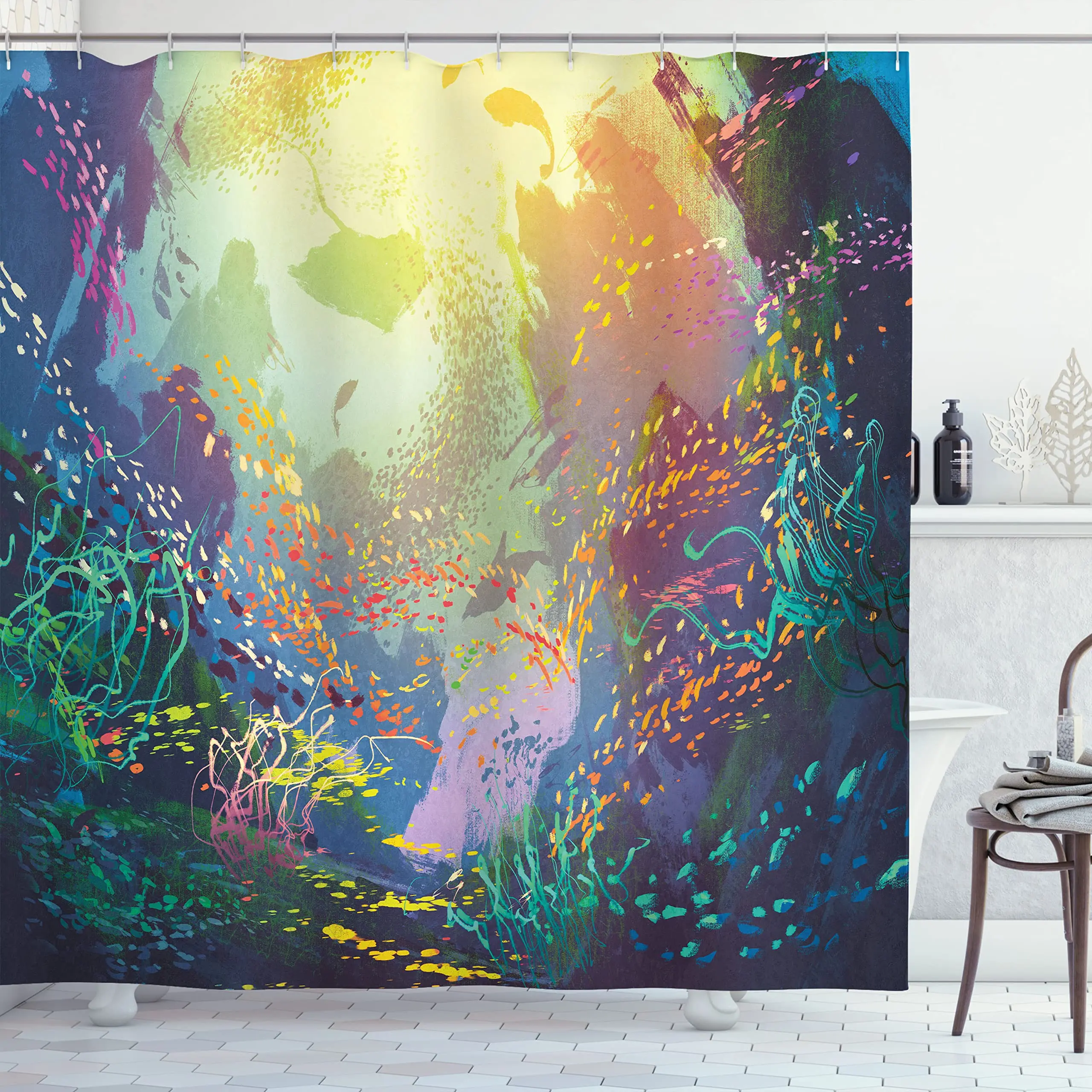 Sea Animals Shower Curtain, Underwater with Coral Reef and Colorful Fish Aquarium Cloth Fabric Bathroom Curtains Decor Set,Hooks